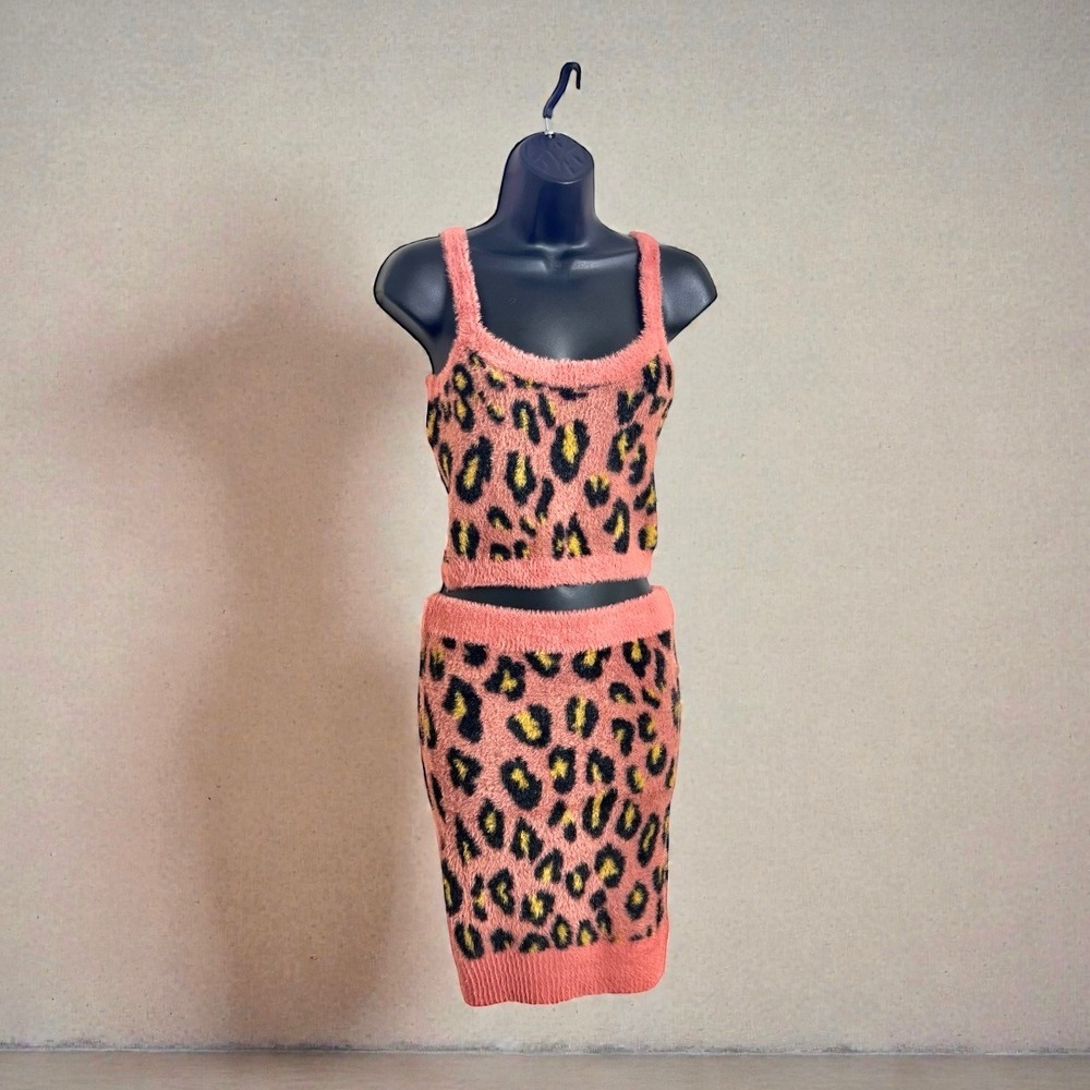Lovest Los Angeles Leopard Fuzzy Knit Crop Top & Mini Skirt Set Teens Large